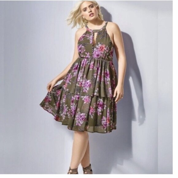 torrid Dresses & Skirts - Torrid Dress Size 3 Floral Chiffon Ruffled High Neck Olive Green Layered New